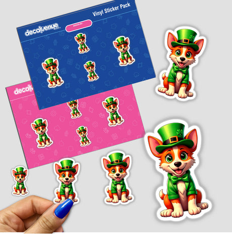 St. Patrick's Day Puppy sticker pack featuring cartoon dogs in green hats and bow ties, perfect for adding a festive touch to your collection. Available as stickers or digital artwork.