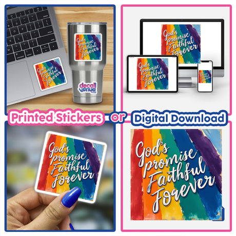 God’s Promise, Faithful Forever - Genesis 9:13 Christian Sticker featuring uplifting Bible verse clipart, shown on a laptop, part of Decal Venue's unique sticker and digital art collection.