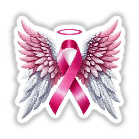 Pink Ribbon and Wings Breast Cancer Awareness: An artistic depiction of a pink ribbon with angelic wings and a halo, available as stickers or digital artwork.