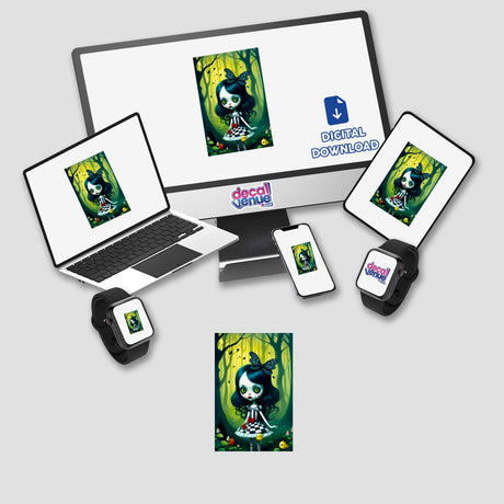 Computer monitor, laptop, tablet, and smartwatch displaying Those Girls in the Woods cartoon characters, available as stickers or digital artwork.