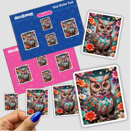 Sticker featuring a cartoon owl adorned with blooming flowers, titled A Lovely Owl With Blooming Flowers, available as stickers or digital artwork from Decal Venue.