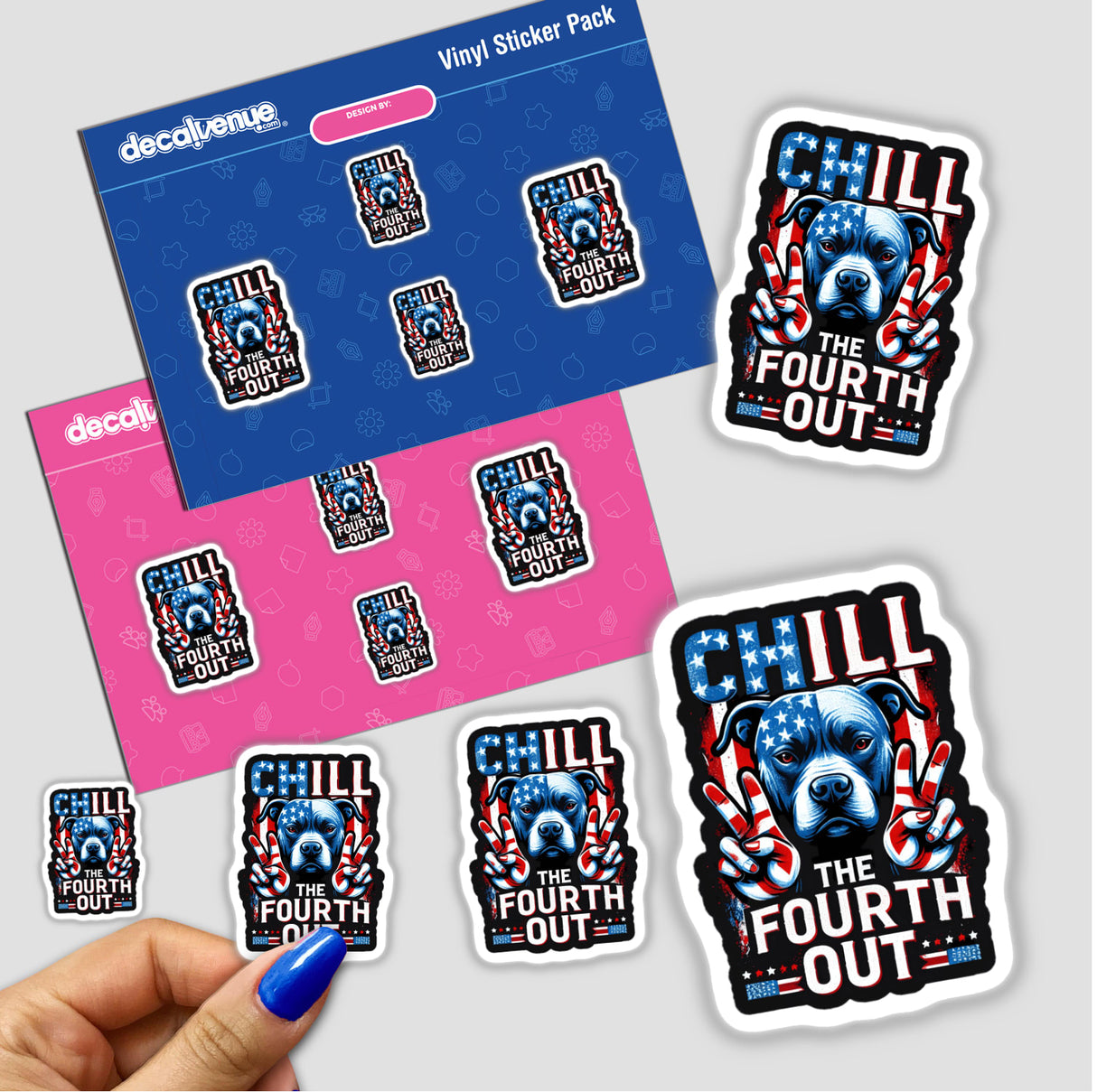 Vibrant patriotic digital artwork of a pitbull dog in a sticker pack, featuring the text "Chill the Fourth Out". The stickers are presented on a dark blue and pink background with a Decal Venue logo, showcasing the product's placement in the Decal Venue store.