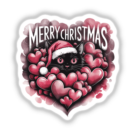 Black Cat Merry Christmas Cozied in Hearts: A whimsical illustration of a black cat with pink eyes wearing a Santa hat, nestled among heart shapes, available as stickers or digital artwork.