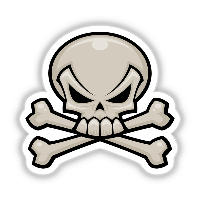 Cartoon Skull and Crossbones sticker, featuring a stylized skull with crossed bones, designed for Decal Venue's unique sticker collection.