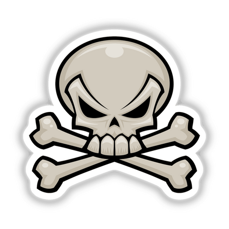 Cartoon Skull and Crossbones sticker, featuring a stylized skull with crossed bones, designed for Decal Venue's unique sticker collection.