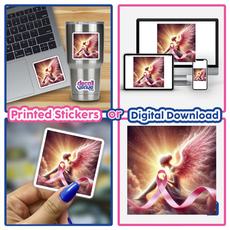 Guardian Angel - Wings Wrapped Around a Pink Ribbon collage, available as stickers or digital artwork, featuring a woman with wings and a pink ribbon, visible on various items like a cup and laptop.