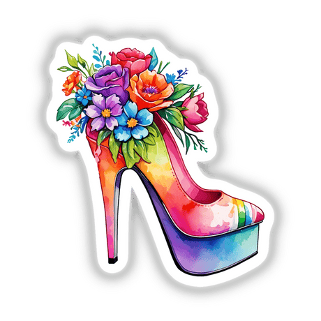 Floral Splash High Heels adorned with vibrant flower designs, perfect as unique stickers or digital artwork.