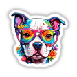 Pitbull wearing reading glasses surrounded by flowers, available as stickers or digital artwork from Decal Venue.