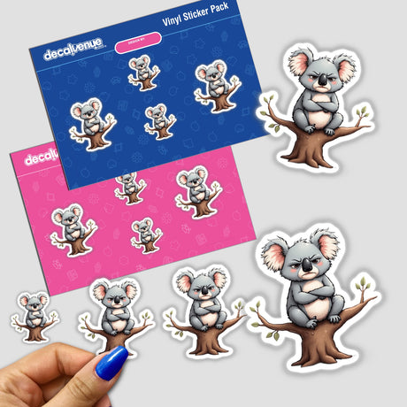 Angry Koala Sitting on a Branch with Crossed Arms sticker pack featuring various cartoon koalas in different poses, emphasizing the unique and playful designs offered by Decal Venue.