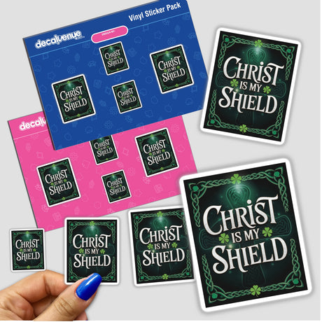 Christ is My Shield - Christian St. Patrick’s Day Sticker or Clipart features bold text design, available as vinyl stickers or digital artwork, ideal for religious celebrations and creative projects.