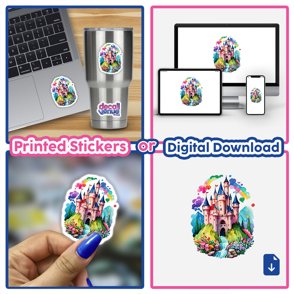 French Castle Sticker - Floral Rainbow Kawaii Design shown on a laptop, featuring a cartoon castle with a rainbow, flowers, and a whimsical atmosphere.