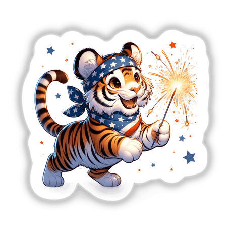 Tiger Holding Sparkler 4th of July Patriotic