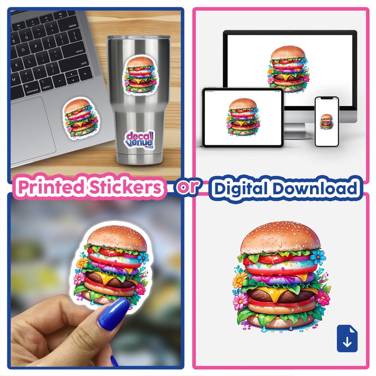 Collage featuring a laptop adorned with a flower burger sticker, showcasing Decal Venue's unique digital artwork and sticker design.