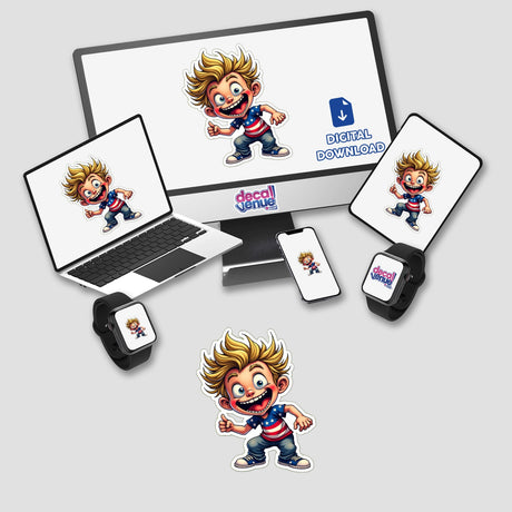 O Risadinha stickers or digital artwork featuring a cartoon boy with a big smile, visible on a computer monitor, laptop, mouse pad, and other devices.