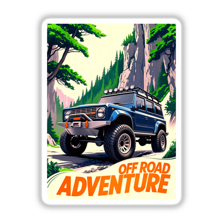 Off Road Adventures 4x4 Car poster featuring a rugged blue car with large tires set against a mountainous landscape. Available as stickers or digital artwork from Decal Venue.