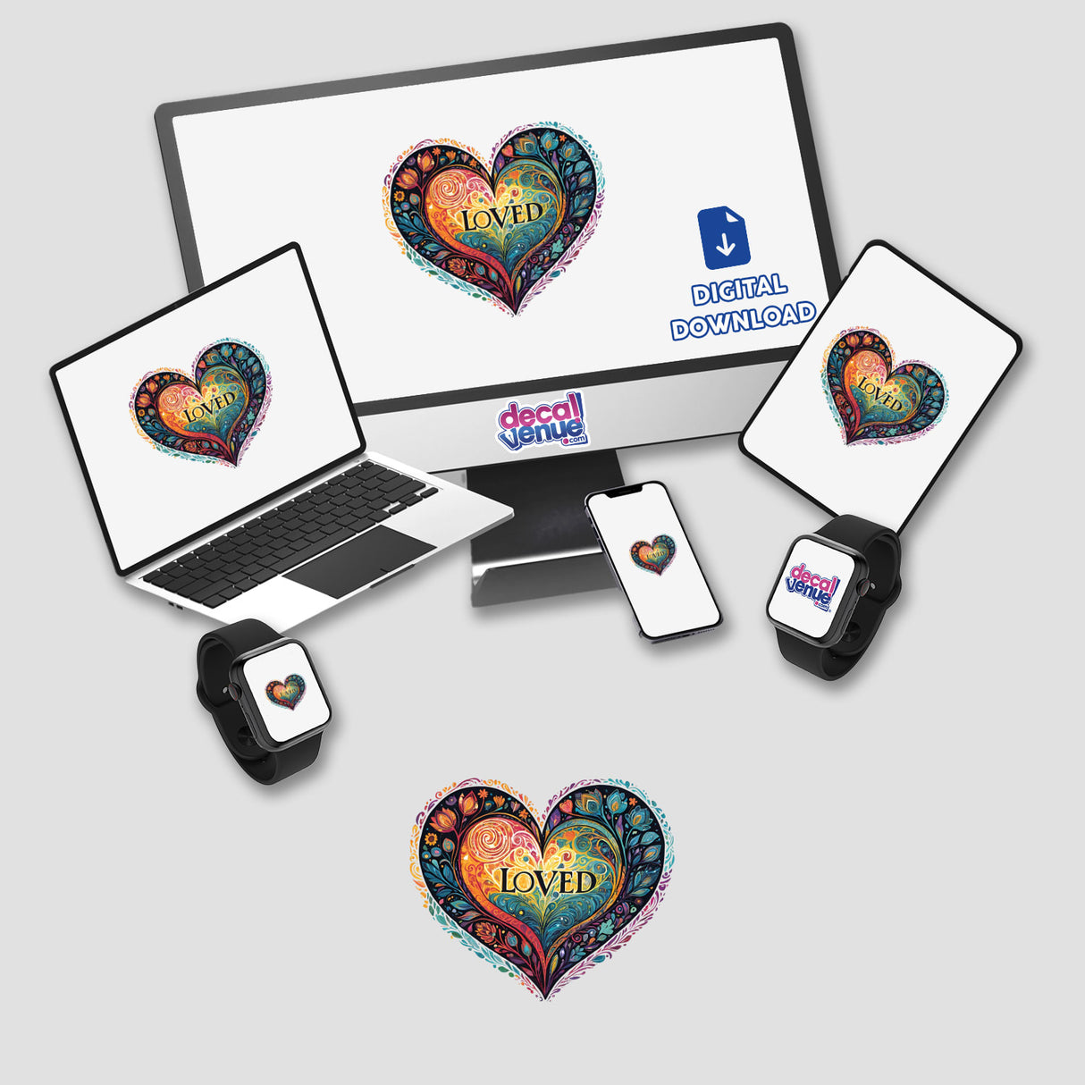 Colorful heart-shaped digital artwork with the word "Loved" displayed prominently, surrounded by various decorative elements. The image is shown featured across multiple digital devices, including a laptop, smartphone, and smartwatch, as well as a physical sticker. This digital artwork is a product available for purchase from the Decal Venue online store, which specializes in unique stickers and digital art.