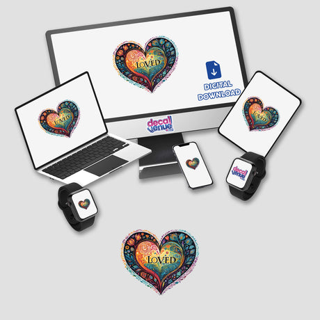 Colorful heart-shaped digital artwork with the word "Loved" displayed prominently, surrounded by various decorative elements. The image is shown featured across multiple digital devices, including a laptop, smartphone, and smartwatch, as well as a physical sticker. This digital artwork is a product available for purchase from the Decal Venue online store, which specializes in unique stickers and digital art.