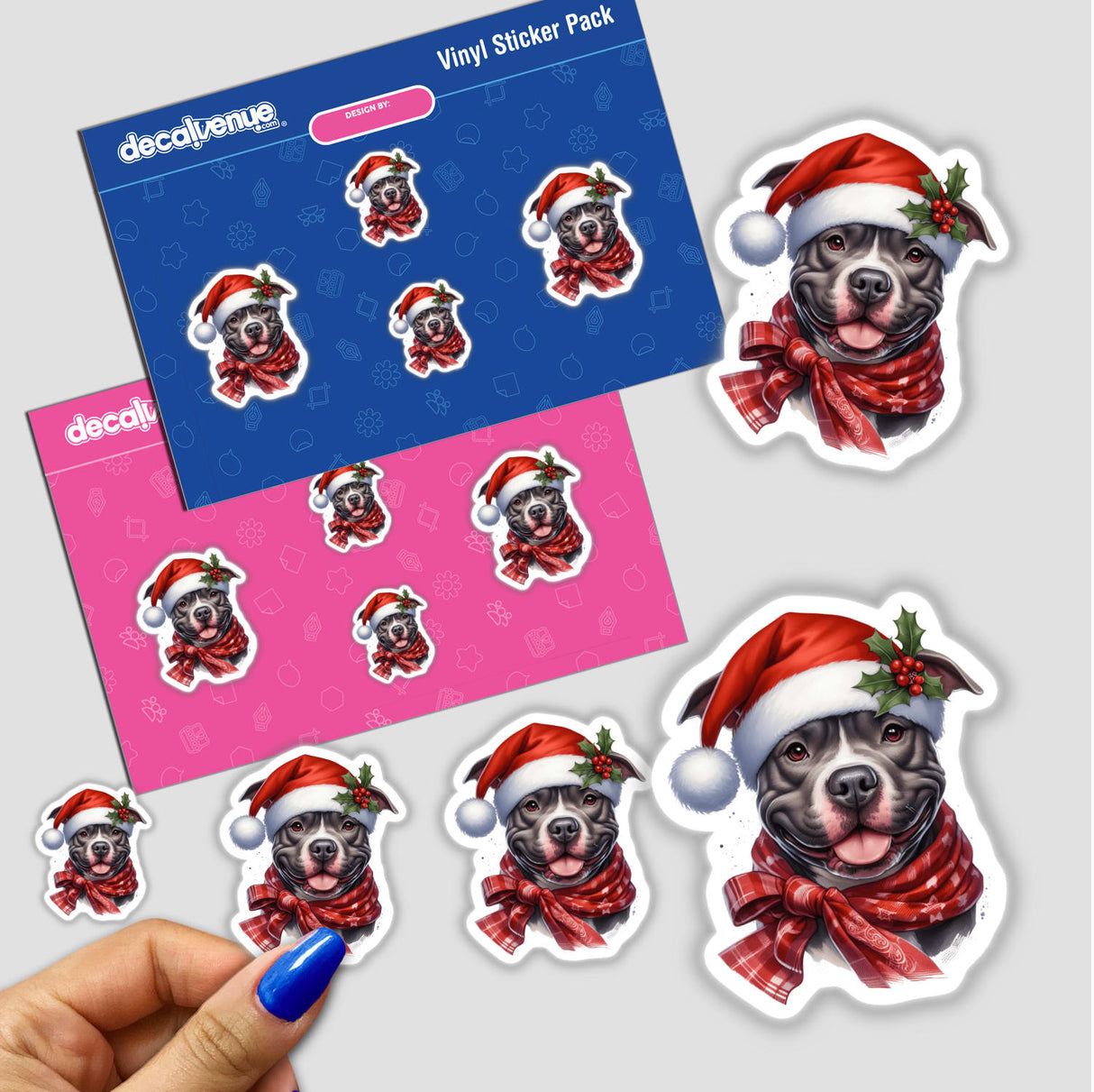 Christmas Pitbull Dog in Santa Hat sticker pack featuring cartoon dogs in festive hats and scarves, highlighting unique sticker designs from Decal Venue. Available as stickers or digital artwork.