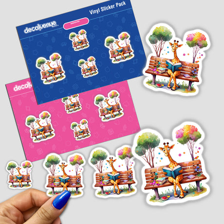 Bookworm Giraffe: Cute Giraffe Reading on a Bench stickers, featuring a cartoon giraffe engrossed in a book, perfect for decorating your personal items or digital artwork.