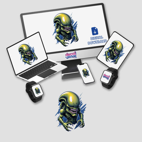 A Cool Xenomorph Alien Warrior featured on a computer monitor and laptop, showcasing its sharp teeth. Available as unique stickers or digital artwork from Decal Venue.