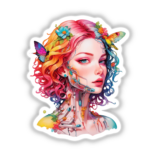 Futuristic Robotic Goddess Sticker Design: Depicts a woman with colorful hair and butterflies, featuring close-ups of blue eyes and lips, blending divine and metallic aesthetics. Available as stickers or digital artwork.