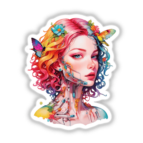 Futuristic Robotic Goddess Sticker Design: Depicts a woman with colorful hair and butterflies, featuring close-ups of blue eyes and lips, blending divine and metallic aesthetics. Available as stickers or digital artwork.