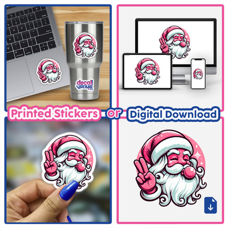 Peace Out Retro Pink Bubblegum Santa Claus stickers feature a cartoon Santa flashing a peace sign, perfect for laptops or cups, available as unique stickers or digital artwork from Decal Venue.