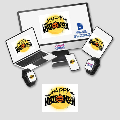 Happy Halloween-themed digital artwork featuring a computer monitor, laptop, smartphone, and smartwatch, all displaying festive pumpkin and bat designs. Available as stickers or digital artwork.