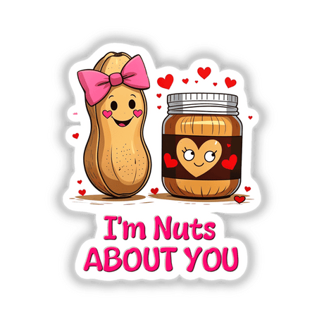 Cartoon featuring a smiling peanut and jar of peanut butter with a heart, titled I'm Nuts About You, available as stickers or digital artwork, reflecting Decal Venue's unique style.