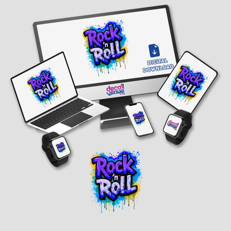 Rock 'n Roll Graffiti Art depicted on a computer monitor and laptop screen, featuring bold logos. This design is offered as stickers or digital artwork, embodying Decal Venue's unique artistic flair.