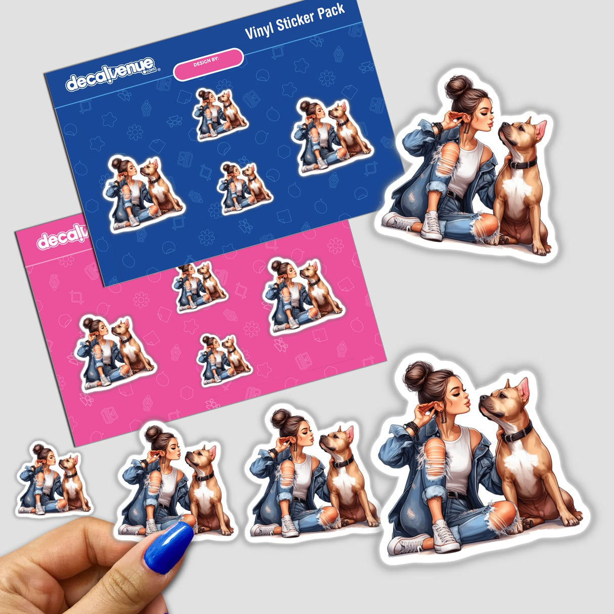 Vinyl Sticker Pack featuring an illustration of a woman and pitbull dogs. The stickers depict various poses and interactions between the woman and her pitbull companions.