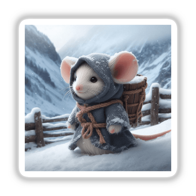 Winter Mouse depicted as a toy with a coat and backpack, offered by Decal Venue. Available as unique stickers or digital artwork, embodying whimsical cartoon charm for seasonal decoration.