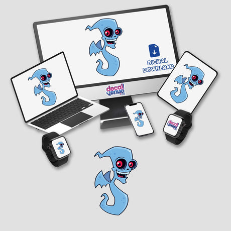 Ghost Demon sticker pack featuring various cartoon characters displayed on a computer monitor, laptop, and other devices, highlighting a distinctive blue monster from Decal Venue's unique sticker collection.