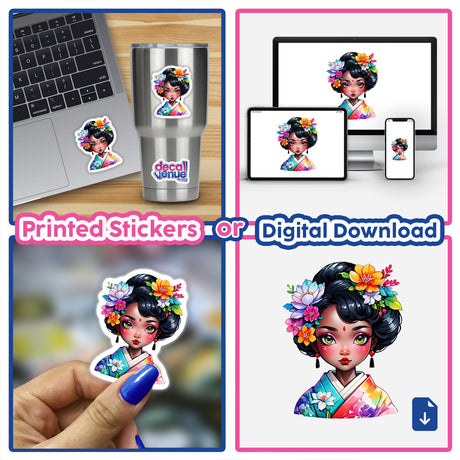 Charming Geisha: Adorable Sticker Art featuring a cartoon girl with flowers in her hair, shown in various settings including a cup, laptop, and close-ups, highlighting its versatile and delightful design.