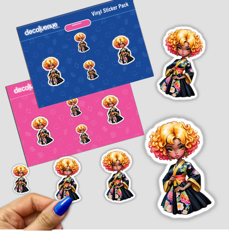 Sticker Design: Afro Geisha Girl in a Fusion of Cultures and Styles, featuring cartoon characters and vibrant hairstyles; includes a close-up of a hand holding the sticker.