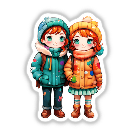 Kawaii LGBTQ Couple in Winter Wear Sticker depicting two cartoon girls in warm coats, colorful socks, and boots, perfect for adding charm to any surface.