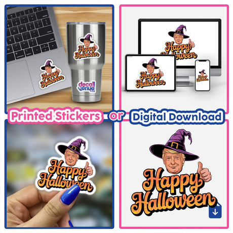 Happy Halloween Trump in Witch Hat MAGA sticker displayed on a laptop, showcasing unique design elements. Available as both stickers and digital artwork, perfect for enhancing personal items.