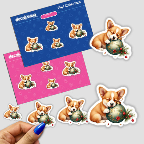 Corgi Sleeping on Christmas Ornament sticker pack featuring cartoon dogs with festive decorations.