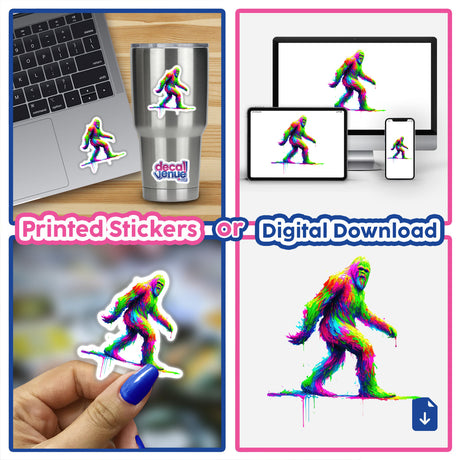 Neon Drip Bigfoot sticker featuring a psychedelic Sasquatch in vibrant colors, shown on a laptop. The collage highlights its vivid design, available as a sticker or digital artwork.