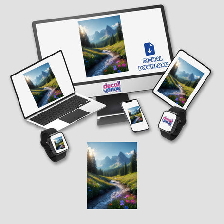 Idyllic Mountain Stream with Vibrant Wildflowers and Towering Pines displayed on a computer monitor, laptop, tablet, and phone, available as stickers or digital artwork from Decal Venue.