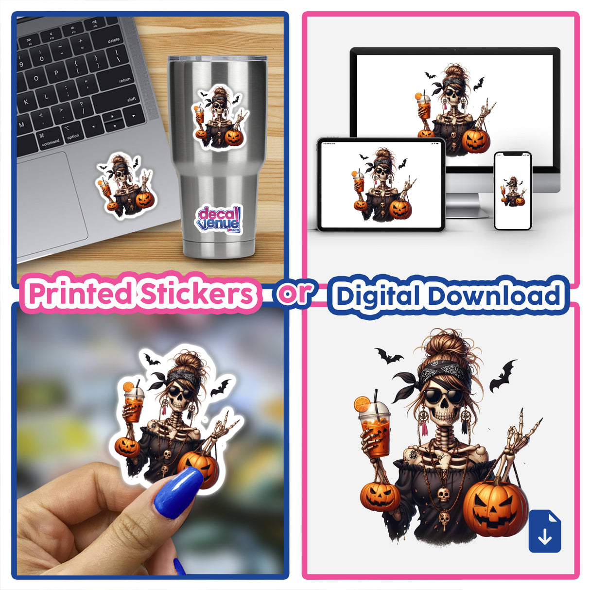 Halloween Skeleton Pirate Mama sticker collection featuring a cartoon skeleton holding pumpkins and a drink. Available as unique stickers or digital artwork. Various uses shown, including laptops and cups.