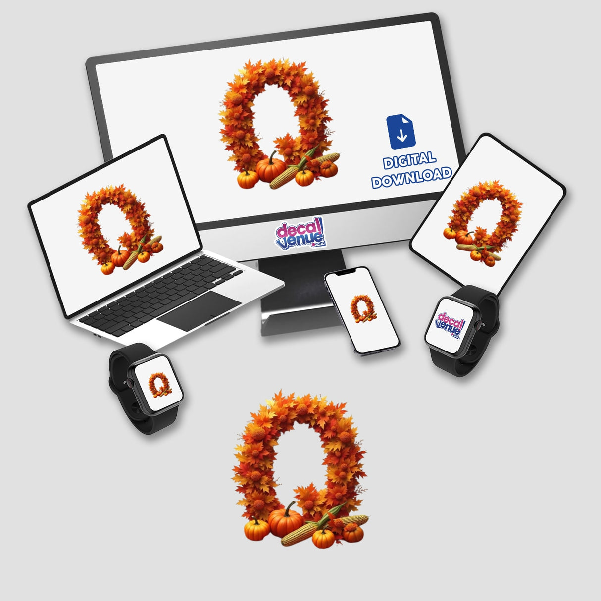 Thanksgiving Letter Q Clipart - Fall Leaves and Pumpkins Design displayed on a computer monitor and laptop, perfect for Stickers or Commercial Use Download.