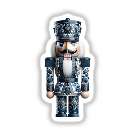 Chinoiserie Nutcracker Soldier depicted in blue and white, available as stickers or digital artwork, showcasing intricate details such as a toy face and decorative elements, reflecting Decal Venue's unique art style.