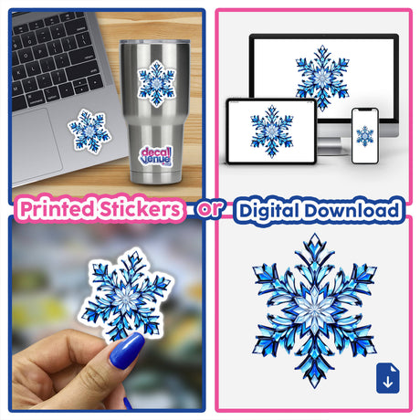 Snowflake Stained Glass Style stickers and digital art collage, featuring intricate blue snowflake designs on laptops and screens, showcasing Decal Venue's unique artistry.