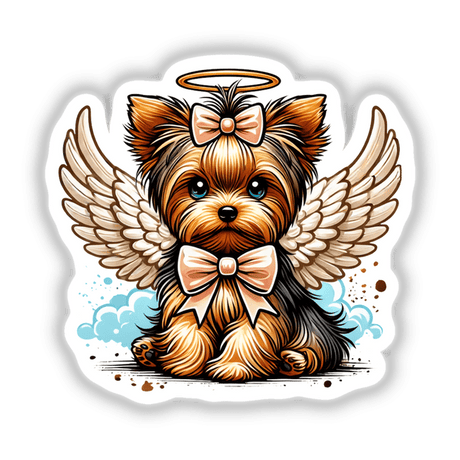 Cartoon Yorkie with angel wings and bow titled Halo and Wings Yorkie Angel Dog II, available as unique stickers or digital artwork from Decal Venue.