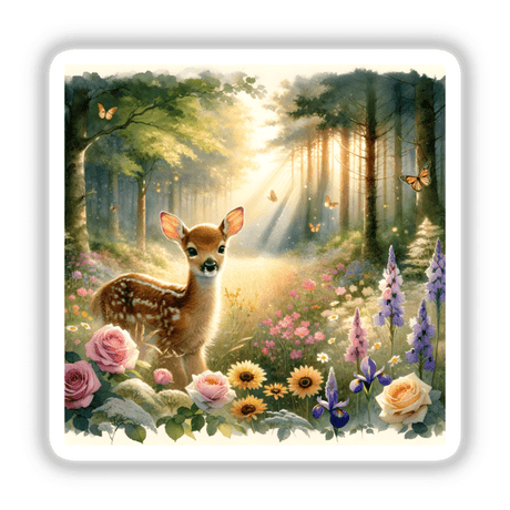 Deer Fawn in a Forest Clearing Watercolor Illustration depicting a serene scene with a fawn, flowers, and butterflies, available as stickers or digital artwork.