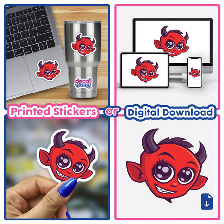 Cute Cartoon Devil stickers displayed on a laptop and a cup, featuring playful red devil designs. Available as stickers or digital artwork for unique customization options.