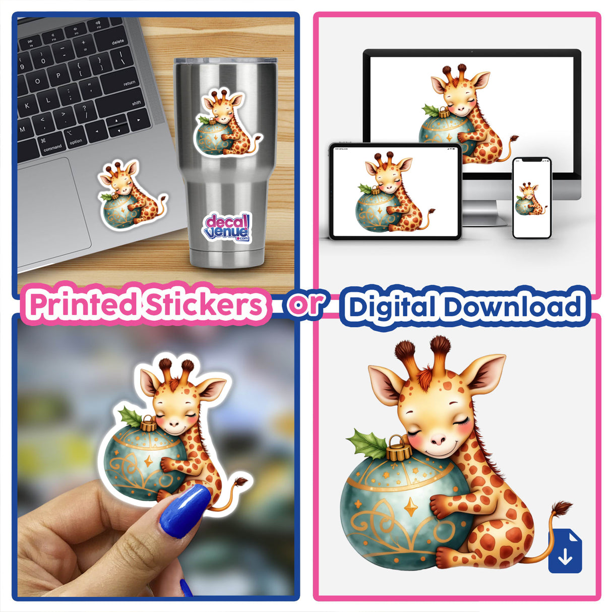 Baby Giraffe Sleeping on Christmas Ornament sticker, featuring a cartoon giraffe gently hugging a festive ornament. Available as stickers or digital artwork from Decal Venue.