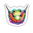 Chillaxing Frog: Cute Tiny Frog Relaxing in a Hammock, available as stickers or digital artwork from Decal Venue.