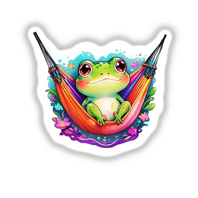 Chillaxing Frog: Cute Tiny Frog Relaxing in a Hammock, available as stickers or digital artwork from Decal Venue.